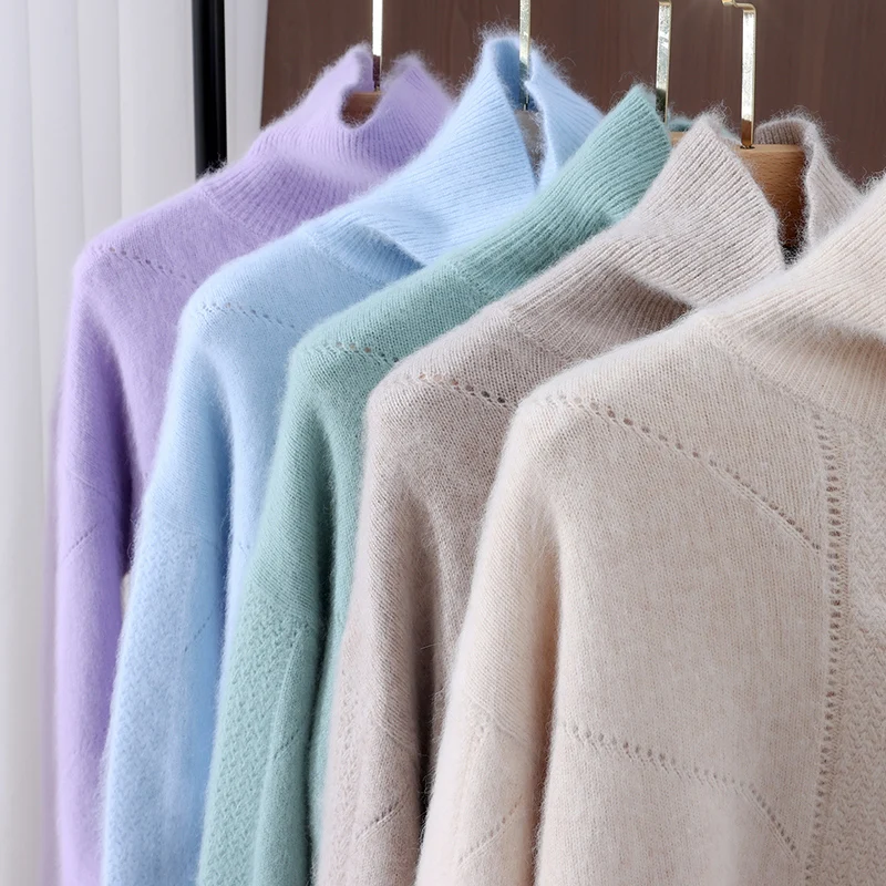 الخريف والشتاء المنك سترة الكشمير المعنقة بلون البلوز فضفاضة كبيرة الحجم عالية التلبيب محبوك قاع قميص