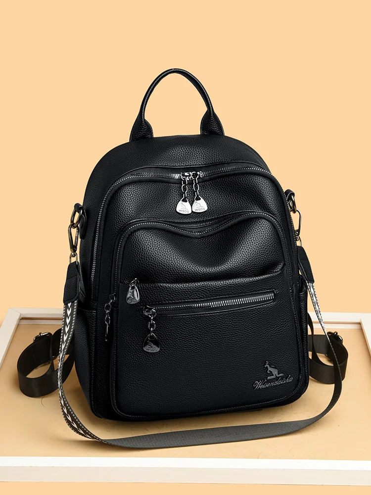 

Casual Versatile Women's Bag Top Layer Cowhide Double Shoulder Bag Korean Style Multifunctional Two-Way Backpack Leisure Matc...