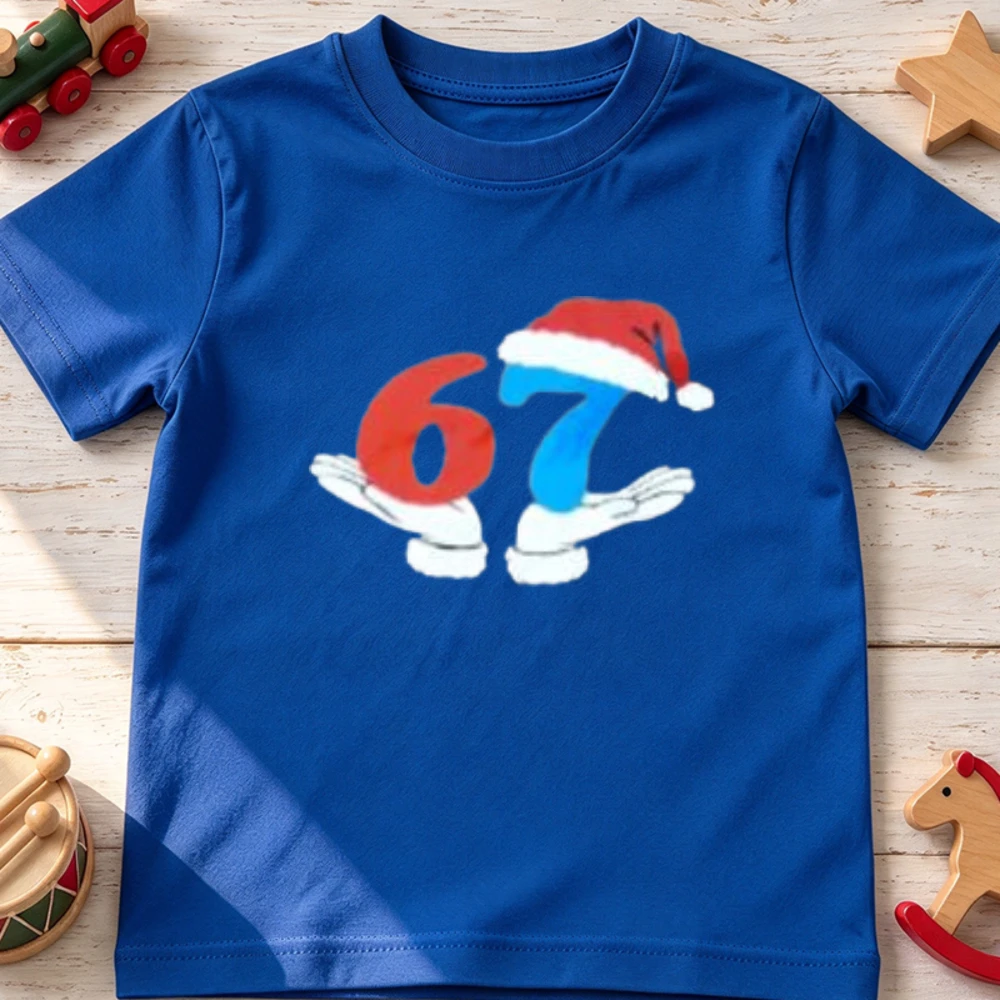 67 Santa Hat Cartoon Hand Print Kids T Shirt Toddler Boys Girls Christmas Xmas Short Sleeve Casual Holiday Soft Children Top Tee
