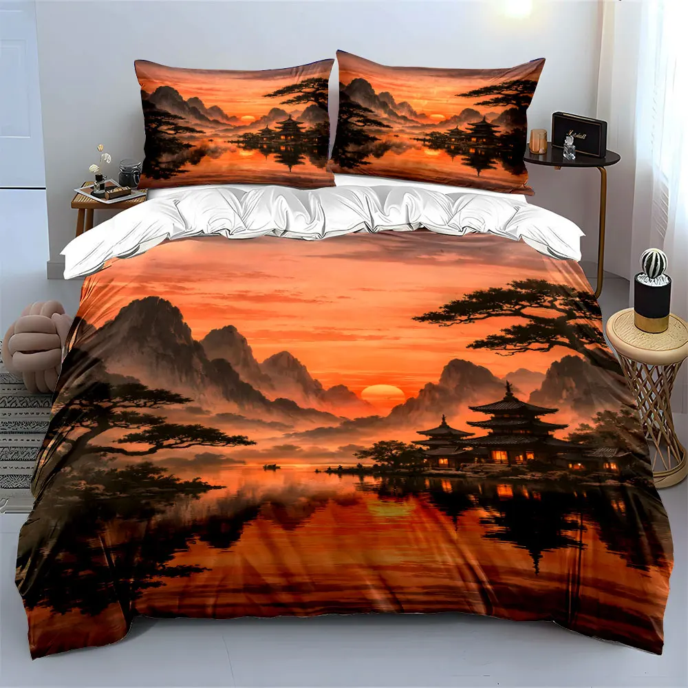 Stunning Mountain Scenery with Sunset Print Bedding Set 1 Duvet Cover 2 Pillowcases for Adult and Children Luxury Gift