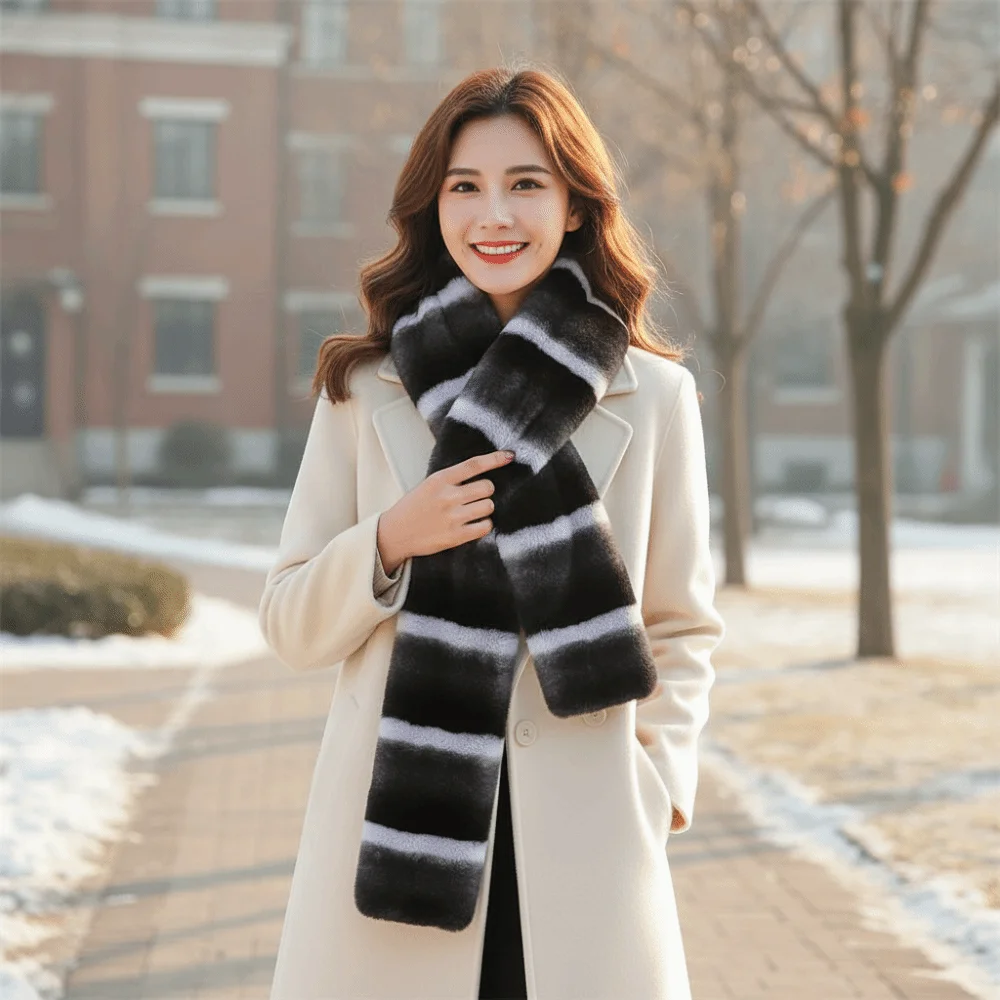 Fluffy Fleece Wrap Faux Striped Fur Scarf Soft Thick Fleece Neckwear Washable Skin-friendly Long Muffler Office Workers