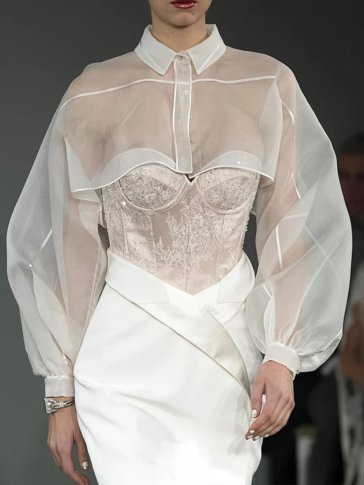 

Женская блузка больших размеров с воротником с лацканами, рубашка с длинным рукавом, полупрозрачные рукава-фонарики, элегантные милые шикарные топы-прикрытия