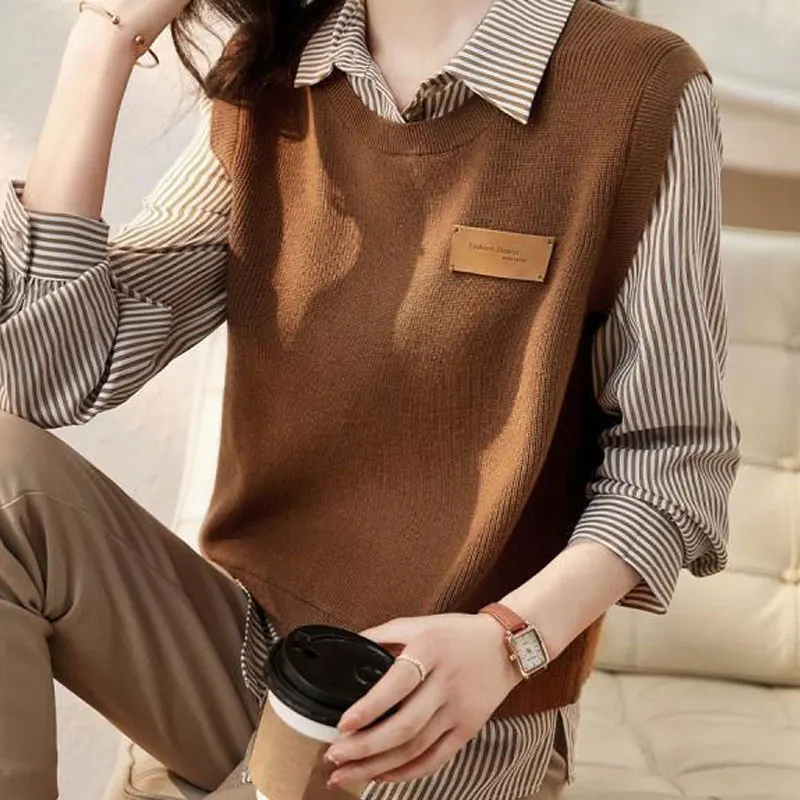 2024 New Streetwear Fake Two Pieces Striped Spliced Shirt Spring Autumn Polo-Neck Female Clothing Fashion Button Casual Blouse