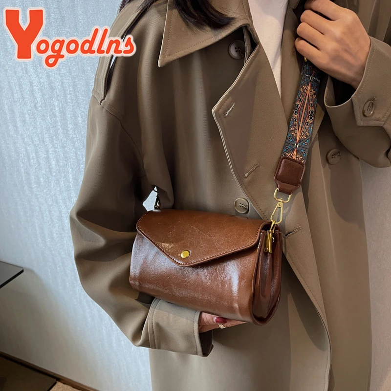 Vintage Shoulder Bag Female PU Leather Pillow Shape Bag Fashion Crossbody Bag Wide Strap Satchel Handbag Clutch Purse