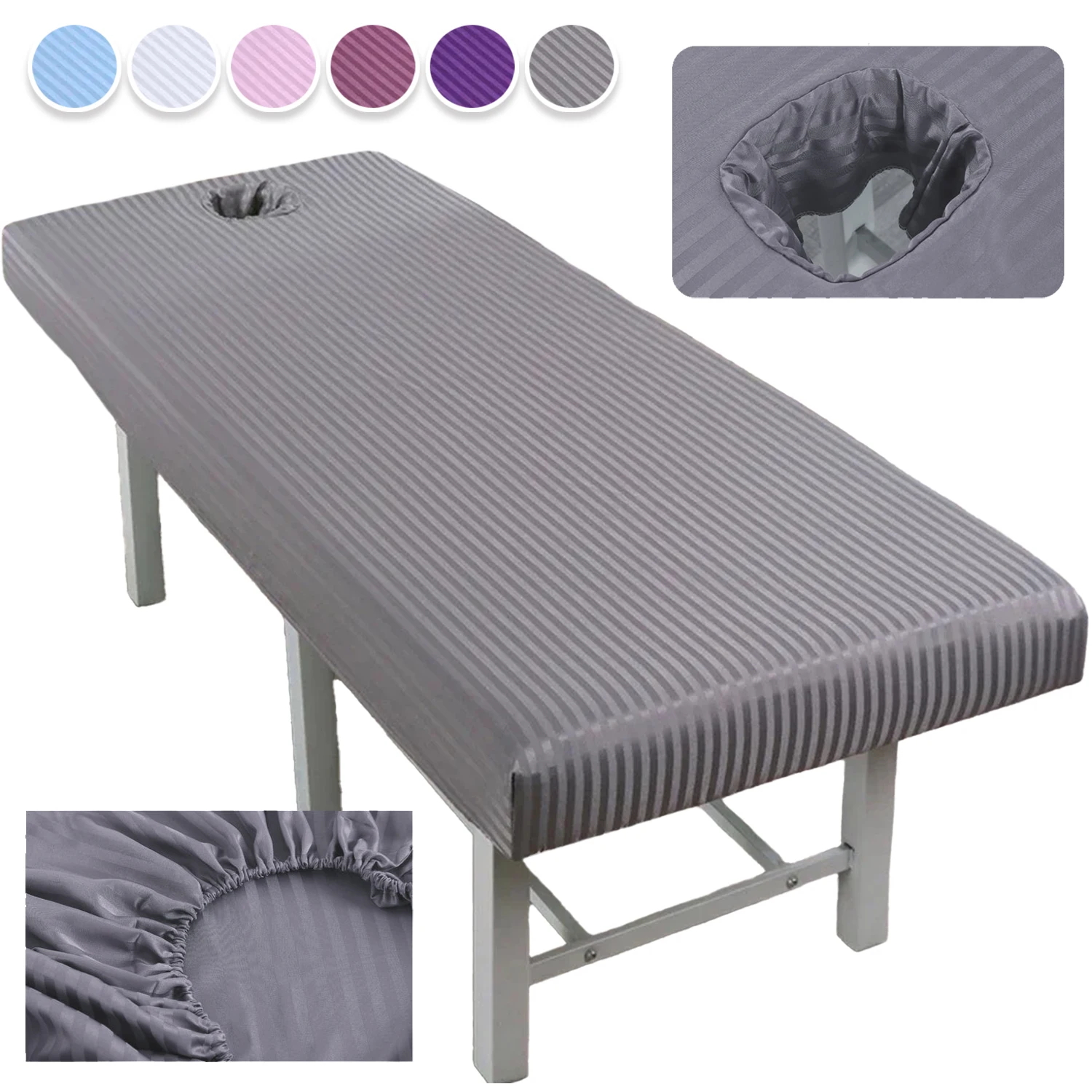 1PC Elastic Band Massage Bed Cover Dustproof Stripe Massage Table Fitted Bed Sheet with Hole Durable Anti-wrinkle Waable Bedding