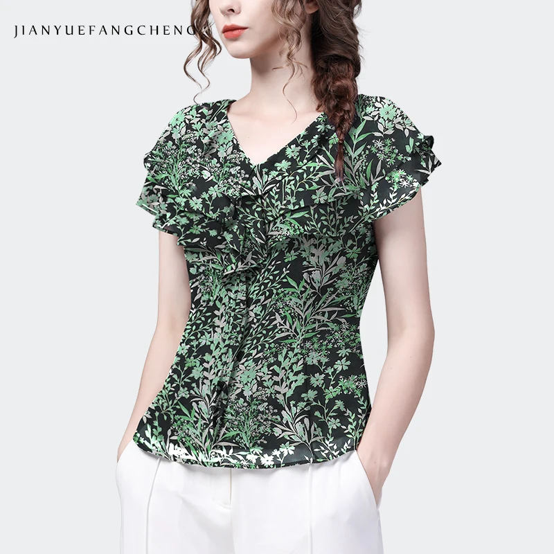 Fashion Green Plants Printed Women Short Sleeve Chiffon Blouse 2023 Summer New V-neck Slim Ruffles Tops Chic Cinch Waist Shirts