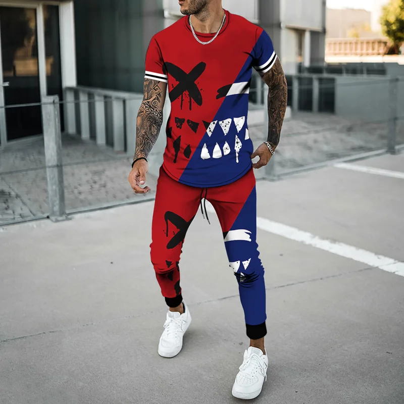 Men's Smile Printed Oversized Tracksuit Two Pieces Sets Men Casual Fitness Sport Suit Short Sleeve T Shirt+Trousers Men's Casual