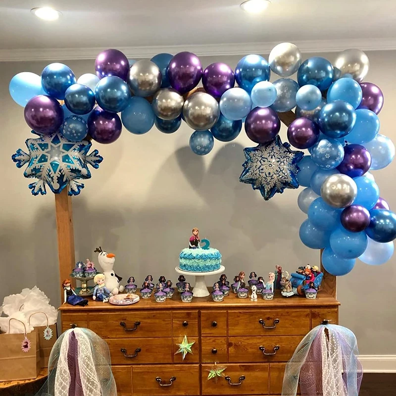 95Pcs Snowflake Balloon Garland Arch Kit Metallic Blue Purple Silver Balloon for Princess Girls Birthday Party Decorations