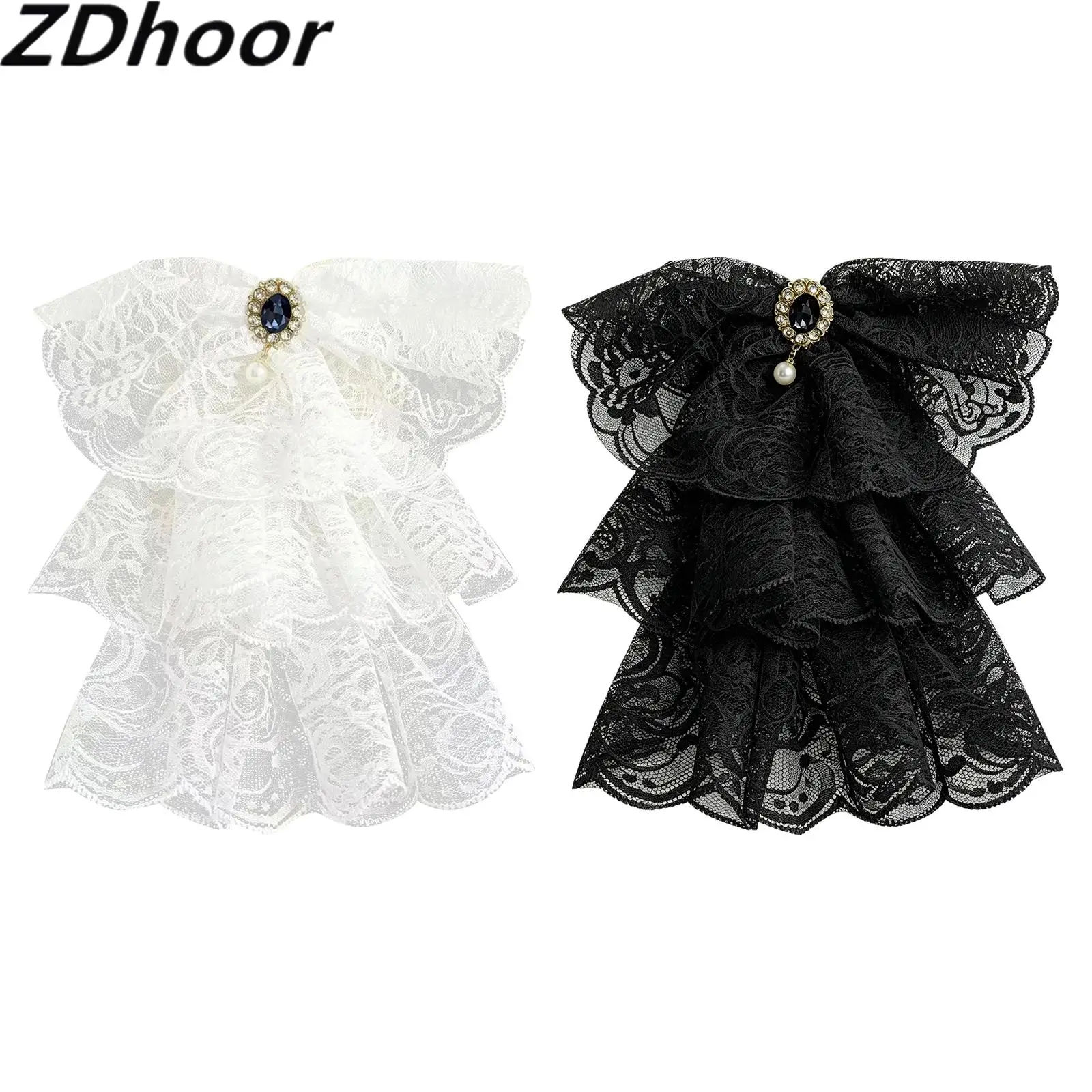 

Women Victorian Vintage Lace Jabot Collar with Gem Decor Multi-layer Lace Ruffles Fake Collar Detachable Necktie for Cosplay