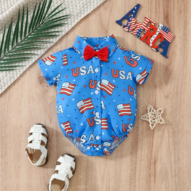 

Baby Boy 4th of July Outfits USA Flag Dress Shirt Button Up Romper Formal Wedding Suit Gentleman Outfit