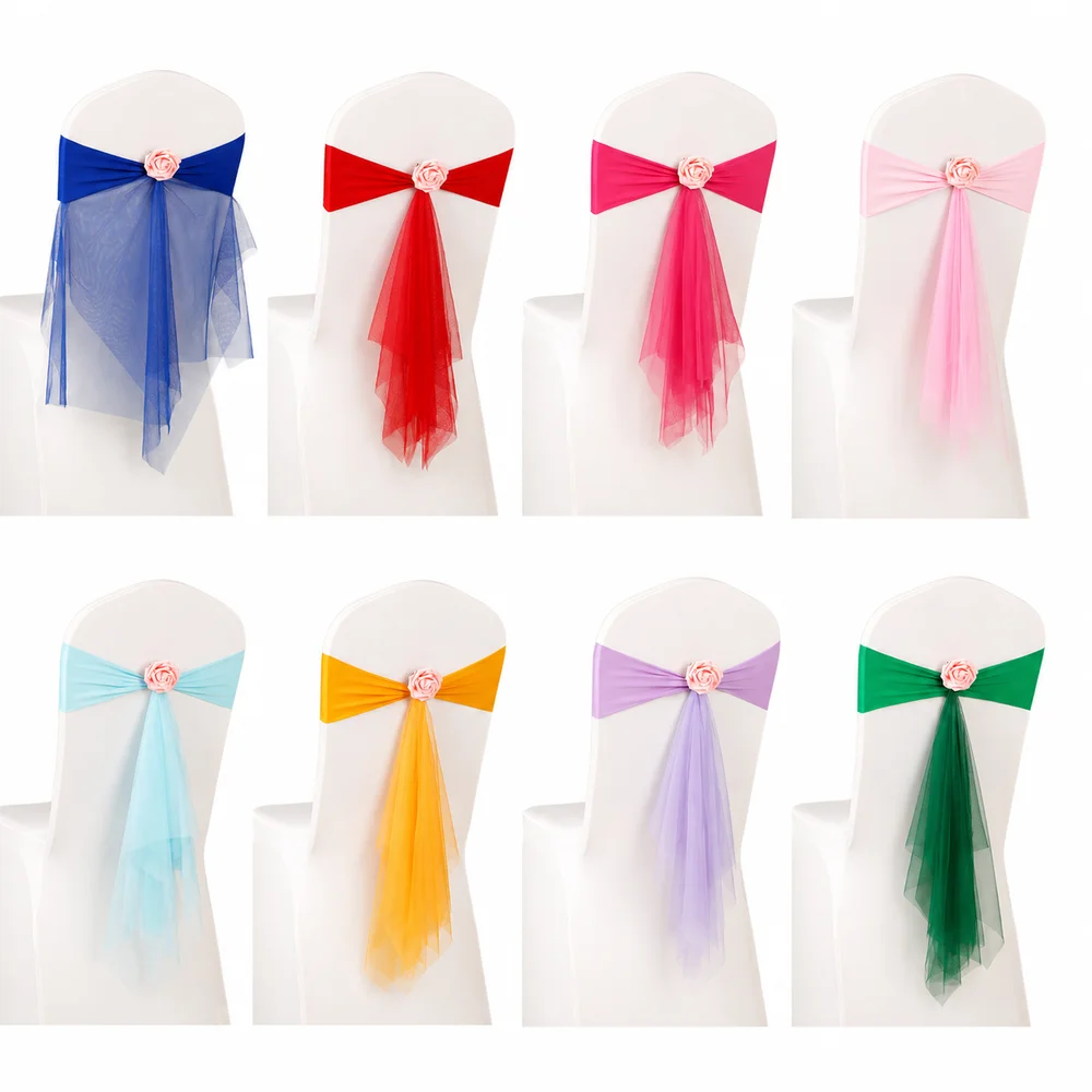 Bows Chair Back Bow Decorative Belt Rose Flower Ready Made Event Chair Straps Ties Fastening Elastic Band Satin Chair Sashes