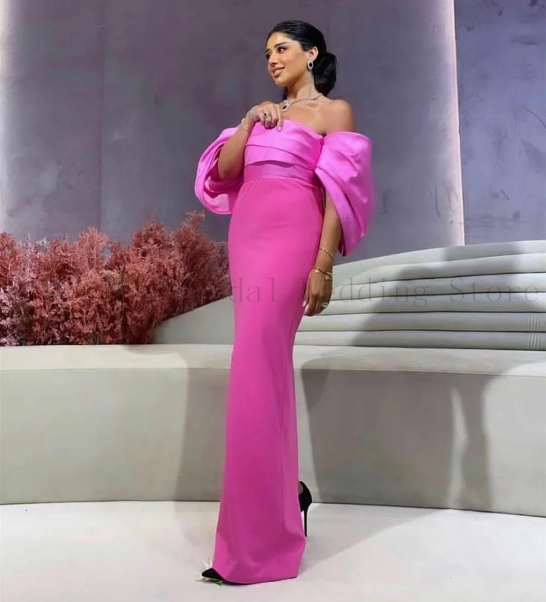 Saudi Style Fuchsia Satin Prom Dresses with Puffy Sleeve Boat Neck Sheath Celebrity Gala Dress for Women Backless فساتين السهرة