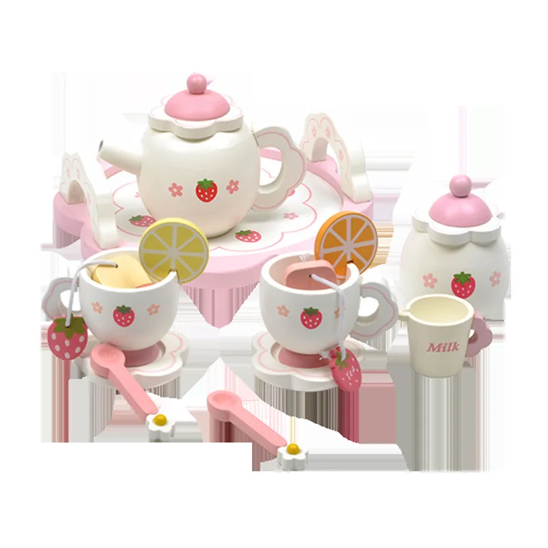 Simulated Tea Set Set White Strawberry Girl Wooden Playing House Puzzle Mini Kitchen Toys Kids Christmas And New Year Gifts