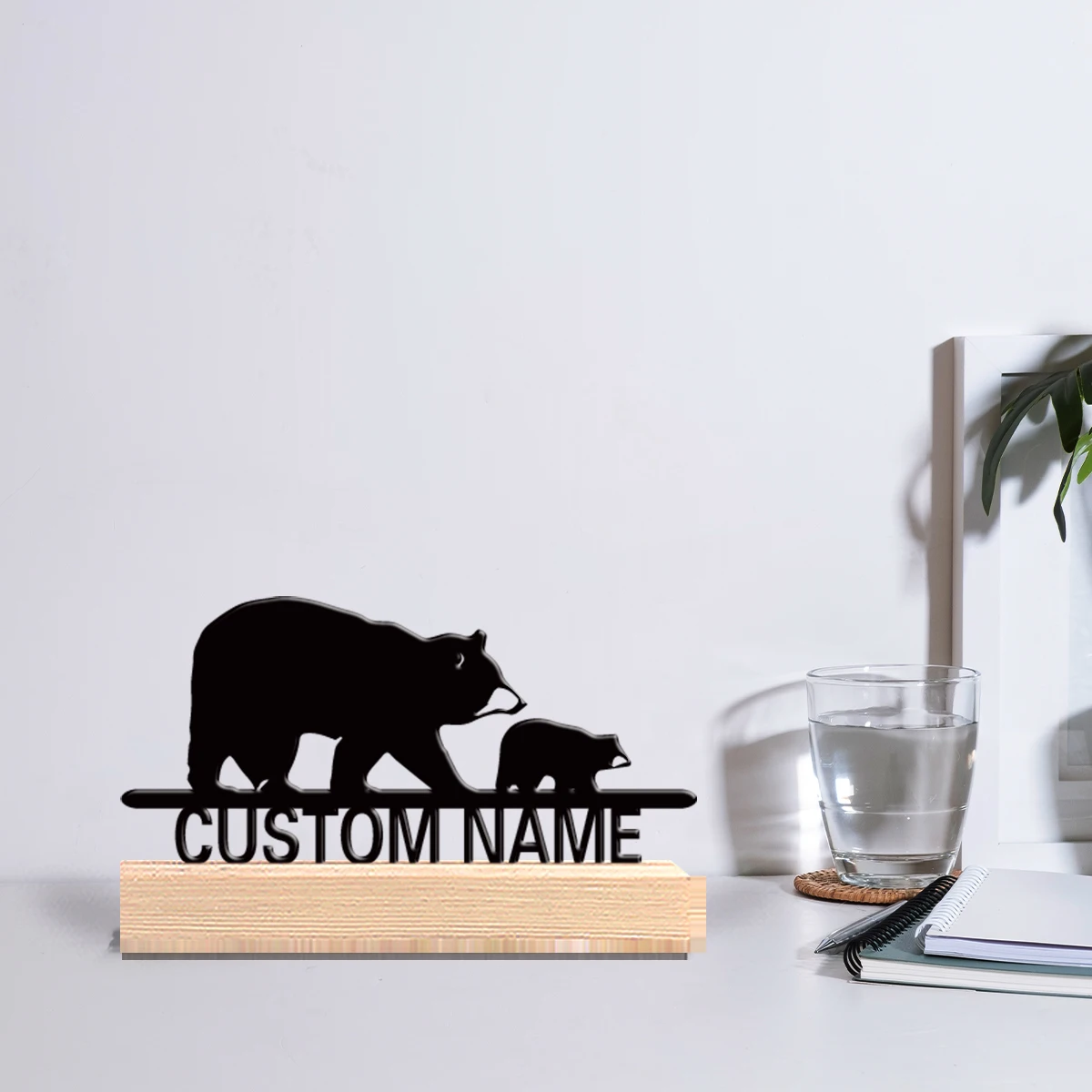 1pc Fun Personalized Custom Bear herd Metal Statues Modern Wooden Base Desk Sculpture for Nature Lovers Cabin Office Minimalism
