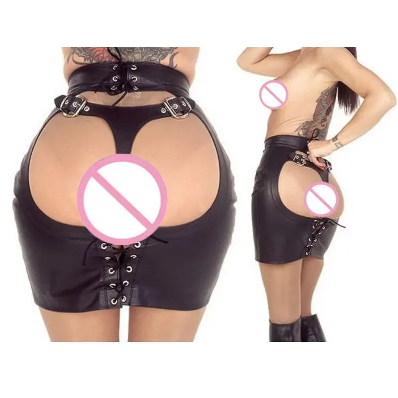 Hot Sexy Women PU Faux Leather Mini Skirt with Thong Spanking Skirt Club DS Dance Bondage Erotic Lingerie Skirt Night Clubwear