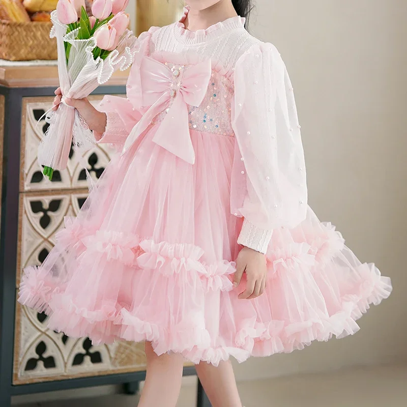 Vestido corto de pompadour de malla con cuello de flores para niña, vestido de princesa de manga farol, vestido de cena, host de niña de flores # M231