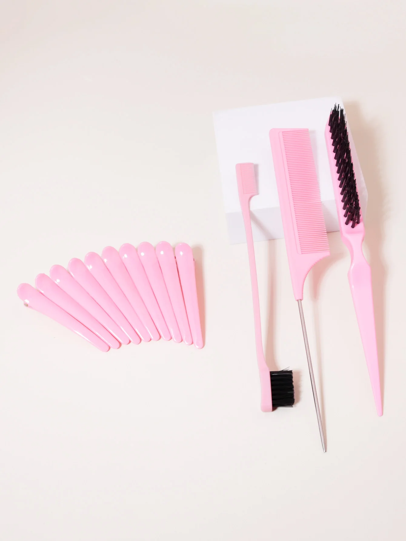 

Comb styling set with nylon hair brush, steel needle mouse tail comb, edge control brush, 10 smooth duckbill hair clips