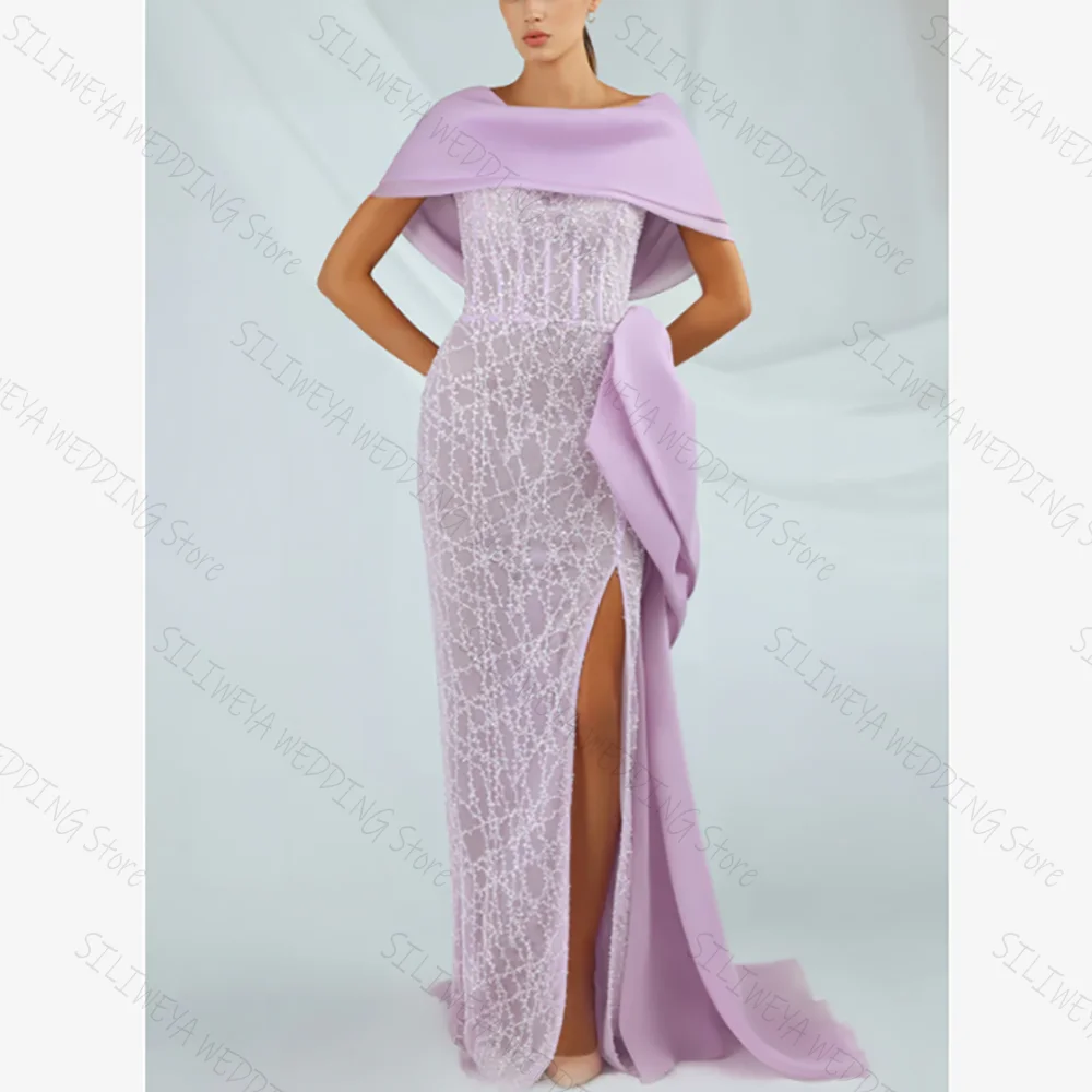 

Fashion Elegant Purple Slit Chic Prom Dresses A-Line Off The Shoulder Sleevesless Floor-Length Female Party Evening Gown