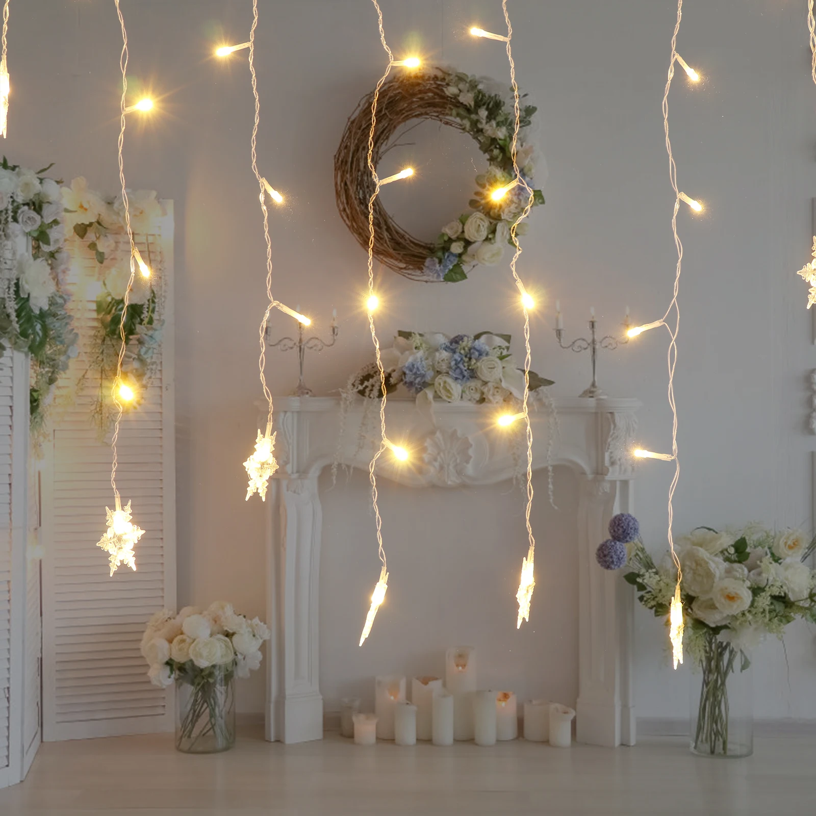 Led أضواء ندفة الثلج عيد الميلاد سلسلة الزخرفية مصباح للحزب شجرة عيد الميلاد مهرجان عطلة الإضاءة ندفة الثلج شكل الاستخدام #5