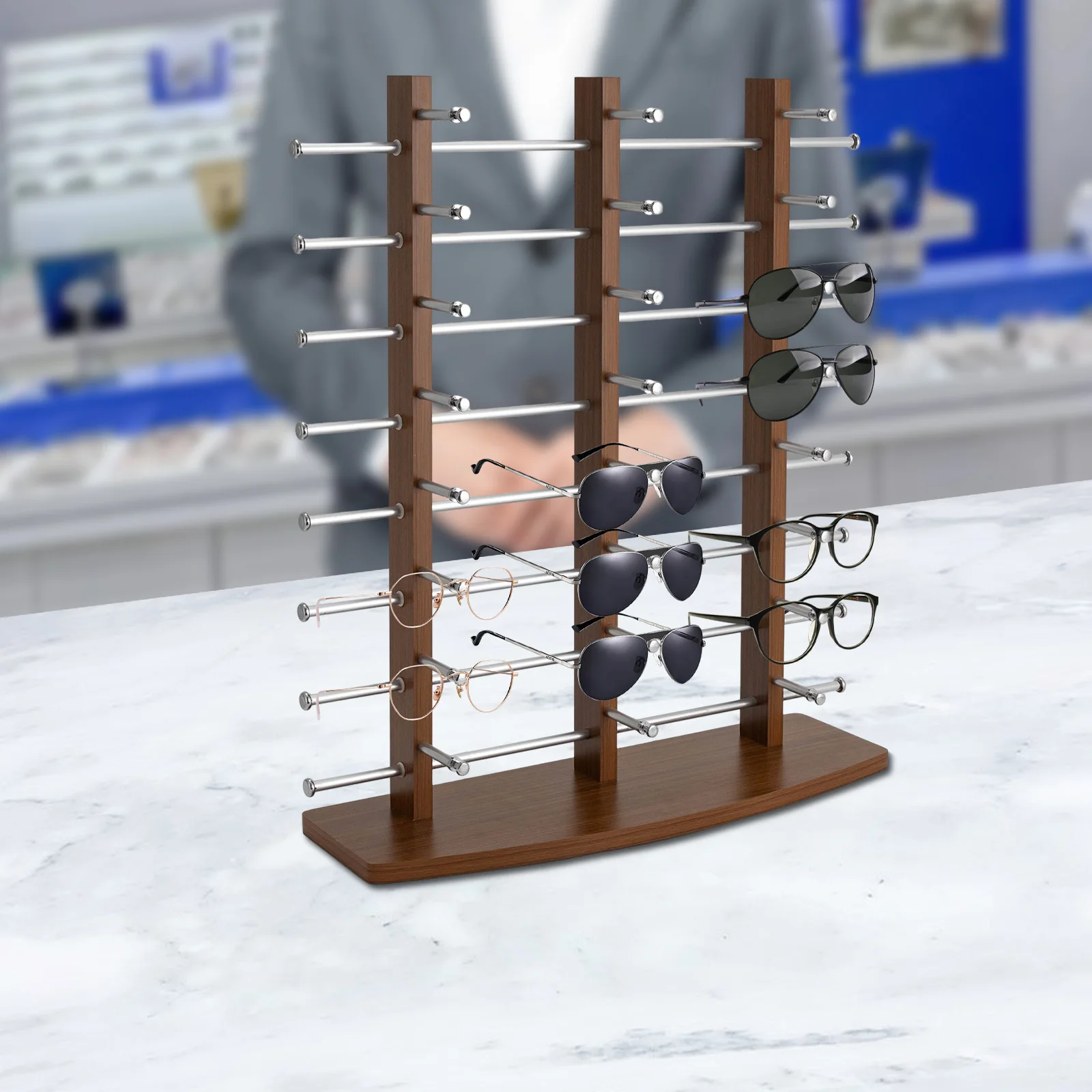 

Sunglasses Display Stand - 24 Pairs of Glasses Display Stand, 3 Columns 8 Tiers Freestanding Sunglasses Organizer for Retail