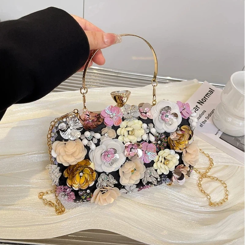 

Женские сумки ручной работы из бисера, новинка 2025, винтажная элегантная вечерняя сумка на плечо, роскошный вечерний квадратный сверкающий клатч с цветочным принтом