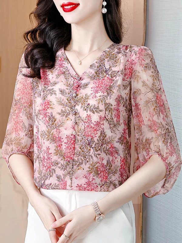 قميص شيفون مطبوع عليه زهور موضة نسائية صيفية جديدة برقبة على شكل حرف v وأكمام قصيرة بلوزة جميلة على الطراز الكوري فضفاضة ومطبوعة #5