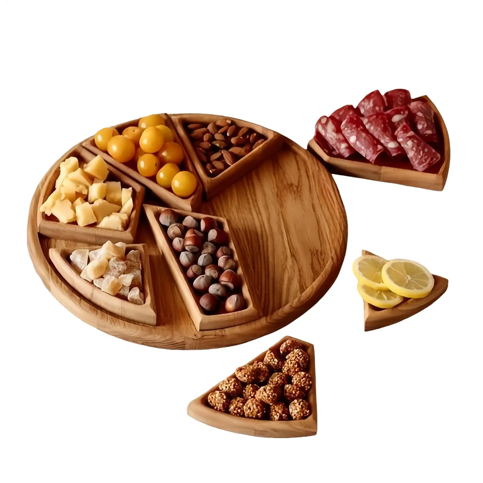 Rundes Serviertablett für Lebensmittel, 8 herausnehmbare Fächer, Holzplatte, Charcuterie-Brett, geteiltes Holz-Serviertablett, Snack-Dessert-Teller