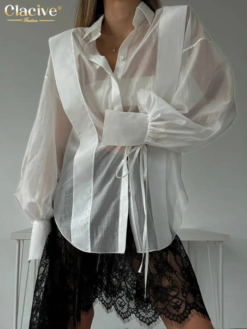 

Clacive Fashion Loose Pink Cotton Women Shirts 2024 Casual Lapel Long Sleeve Blouse Elegant Classic Lace-Up Top Female Clothing