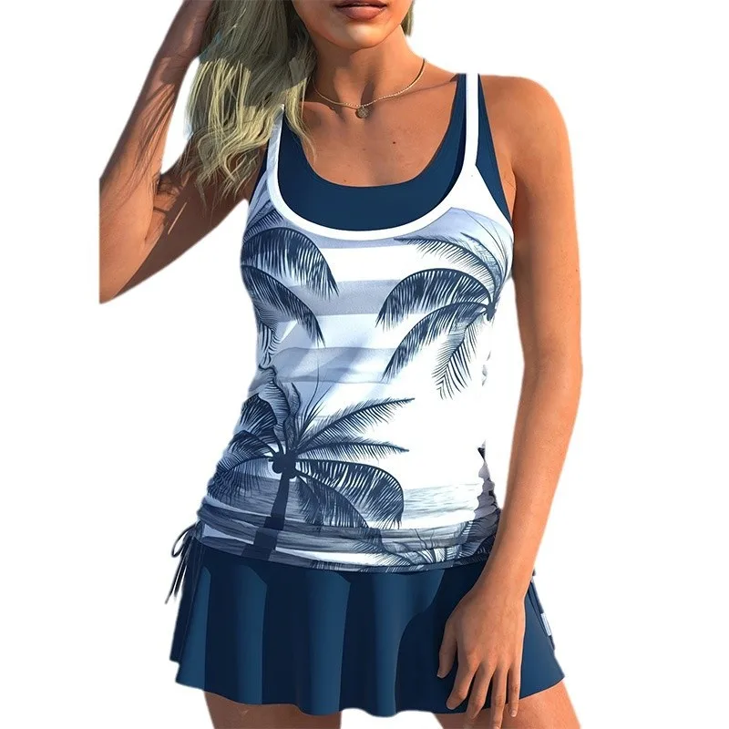 Zweiteiliges Bikini-Set mit tropischem Blattmuster, 2025, konservativer Tankini mit hoher Taille für Damen, sexy Push-Up-Badeanzug, Vintage-Bademode