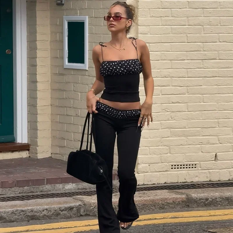 

Polka Dot( Flared Pants Two Pieces Set Women Sexy Spaghetti Strap Bodycon Sleeveless Top And Fashion Long Pants Set New