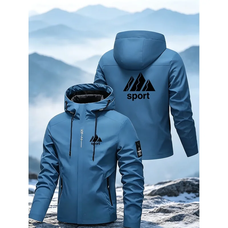 Outdoor sports style mountain logo men's jacket spring and autumn windproof hooded hiking multi-functional jacket