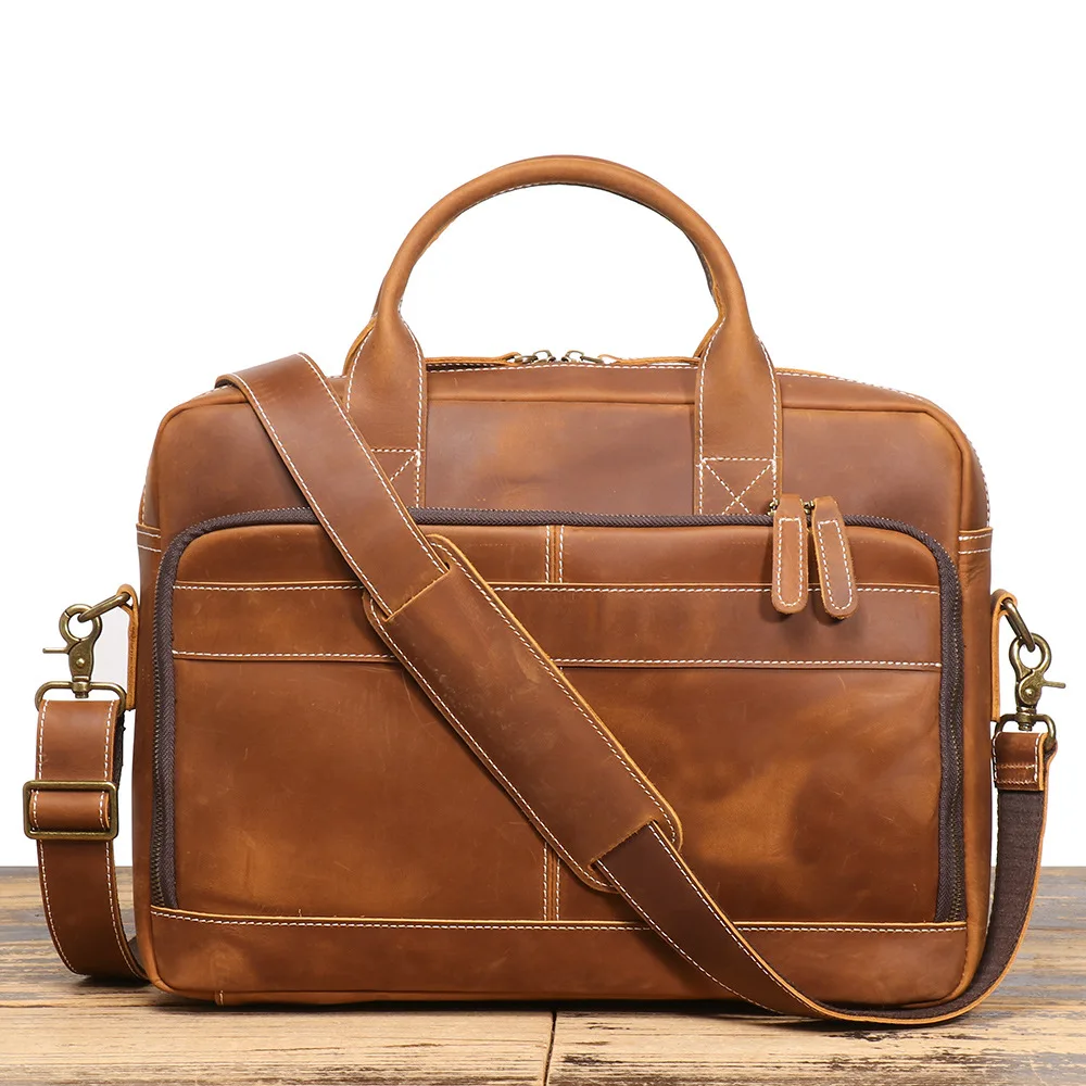 

128 Business Commuter Briefcase - Genuine Camel Leather Retro Shoulder Bag, 40x9x30cm, Spacious Laptop Bag