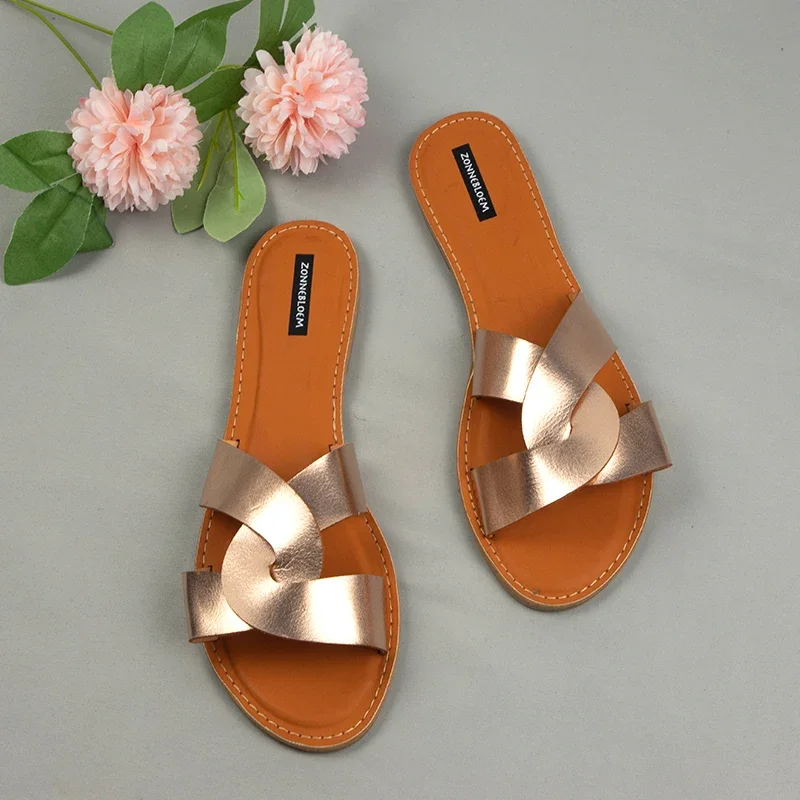 Women Sandals Trendy Hollow Cross Slip-on Comfortable Flat Summer 2024 Beach Sandalias Mujer Casual Gold Open Toe Ladies Shoes