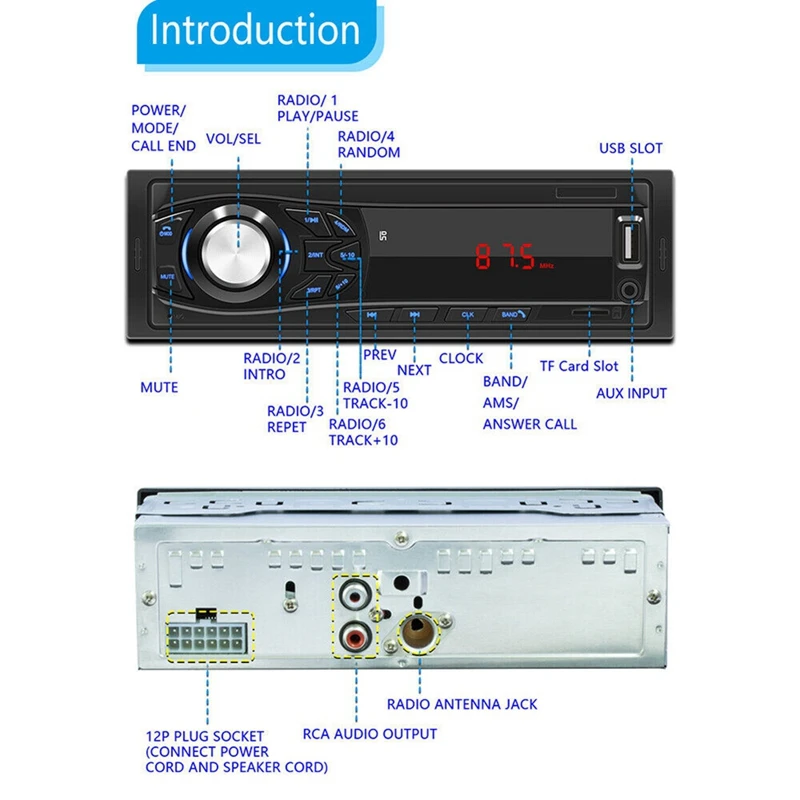 Автомагнитола с поддержкой Bluetooth, USB, TF-карты, FM-радио, mp3-плеером, ПК, Тип: 12-1030