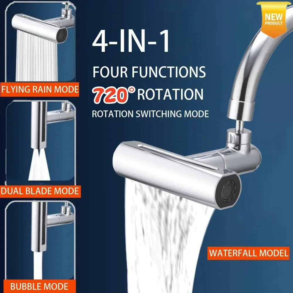 Waterfall Kitchen Faucet with 4 Mode Sprayer 720° Rotary Tap Extender Filter Diffuser Water Saving Nozzle Faucet Connector Mixer