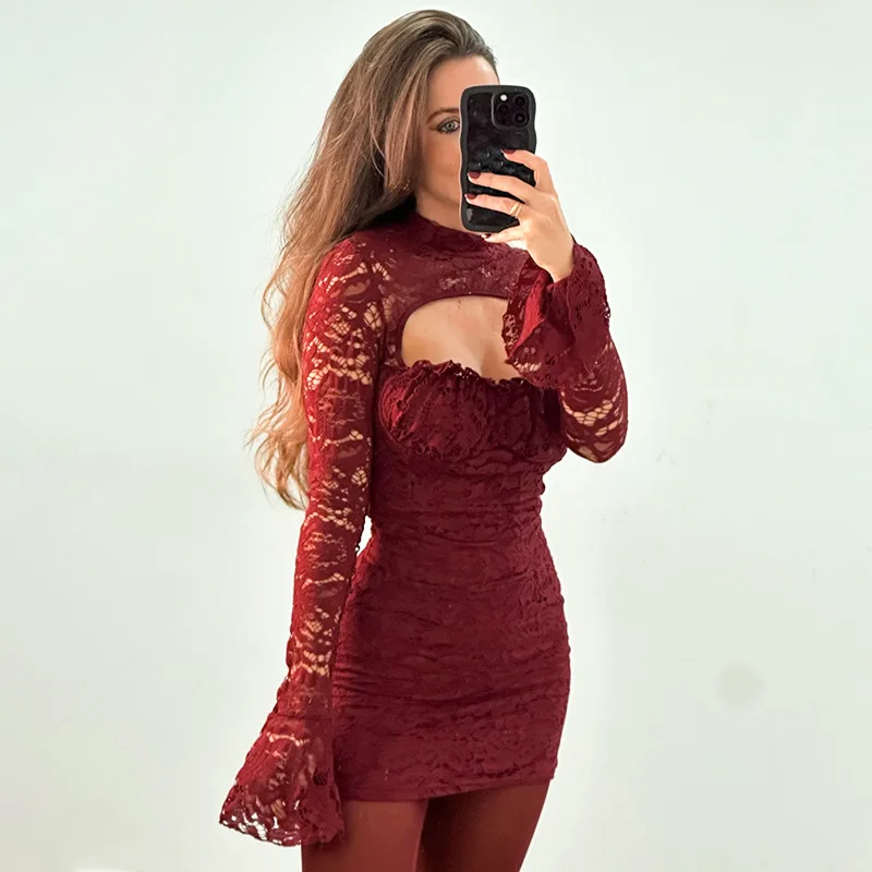 

SKMY Short Dresses Women Clothing 2025 Spring Sexy Lace Patchwork Chest Hollow Out Flared Sleeve High Waist Bodycon Dress Party