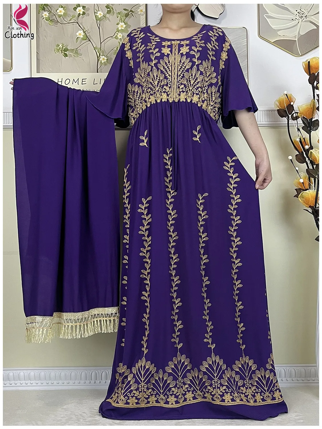 New Muslim Summer Abaya For Women African Islamic Embroidery Dress Short Sleeve Collect Waist Cotton Dubai Evening Party Dress