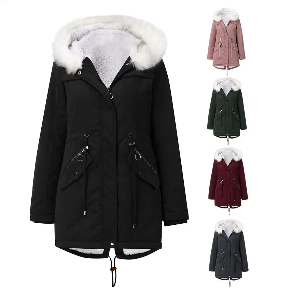 

For Ladies Women's Cotton-Padded Coat with White Fur Collar Mid-Length Hooded Fleece Winter Warm Jacket