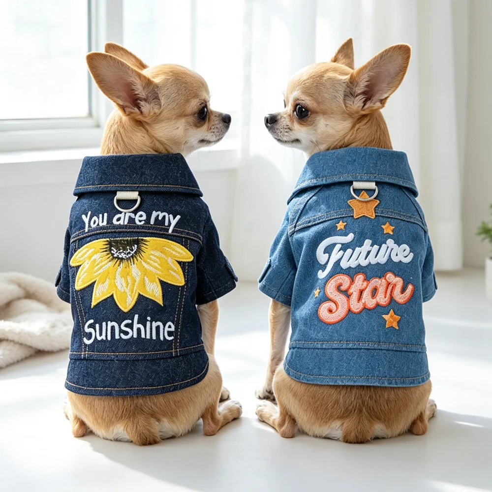 Embroidered Denim Small Breed Dog Clothes Autumn Jacket Harness Apparel XS XL French Bulldog Chihuahua Outfit Kitten Cat Shirt