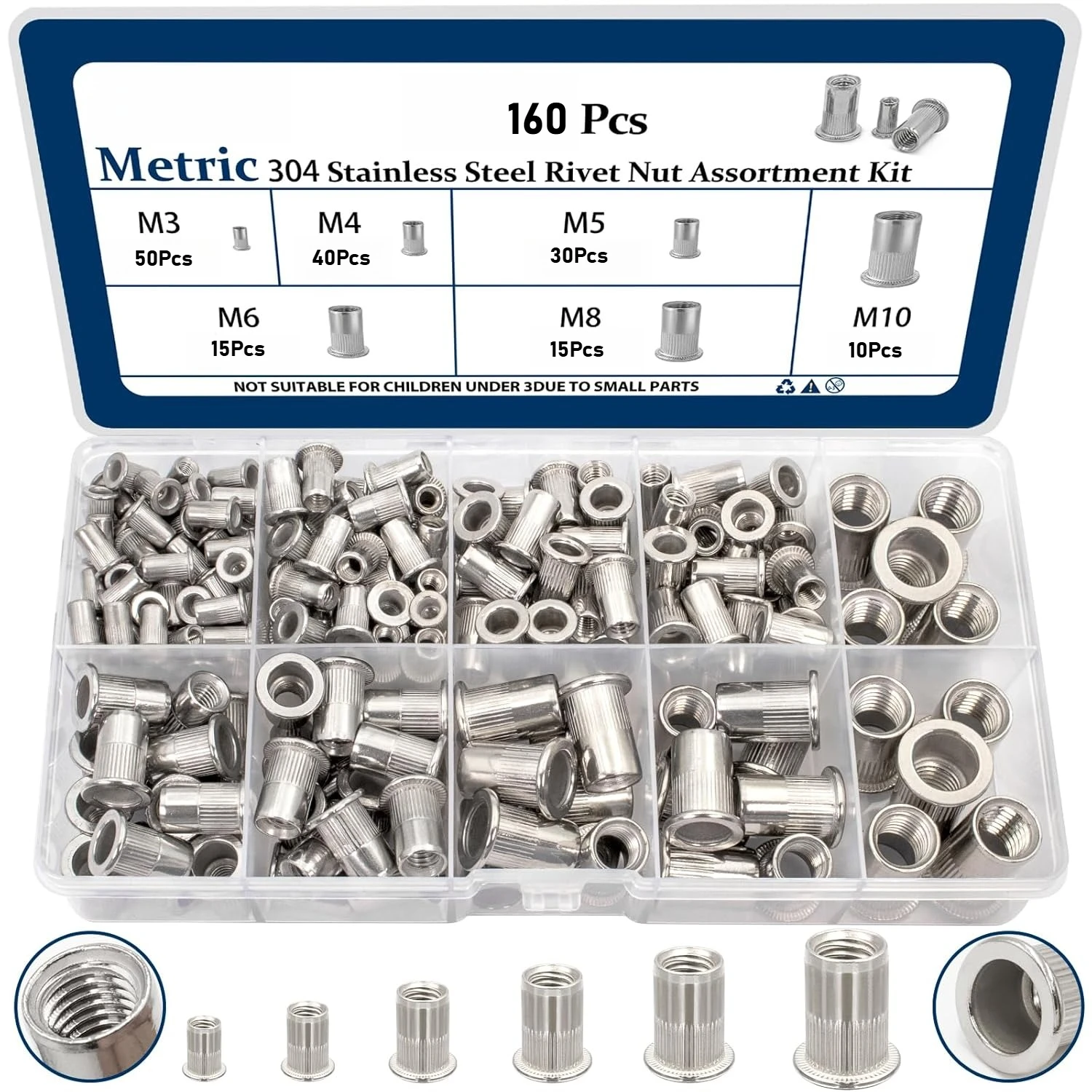 

Metric 304 Stainless Steel Rivet Nut Assortment Kit(160 Pcs) M3 M4 M5 M6 M8 M10 Flat Head Rivnut Set Rivnut Threaded Insert Nut