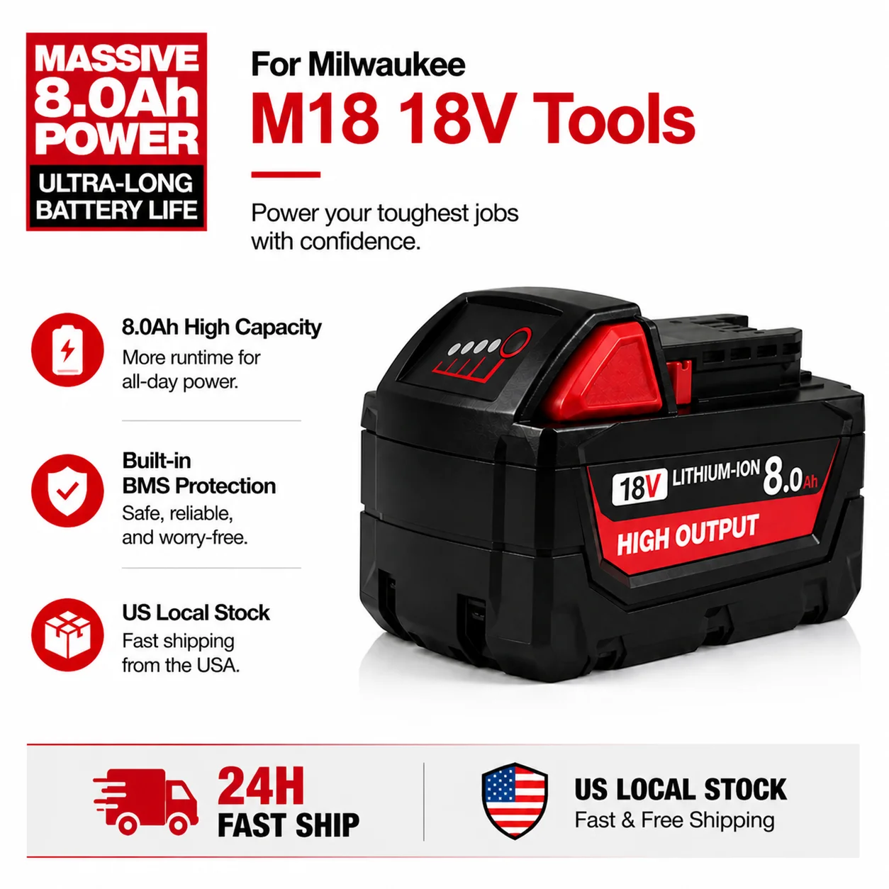 

[1/2/4 Pack] 8.0Ah 18V Battery Replacement for M18 48-11-1850 48-11-1880, High Output Upgraded Lithium Battery Pack