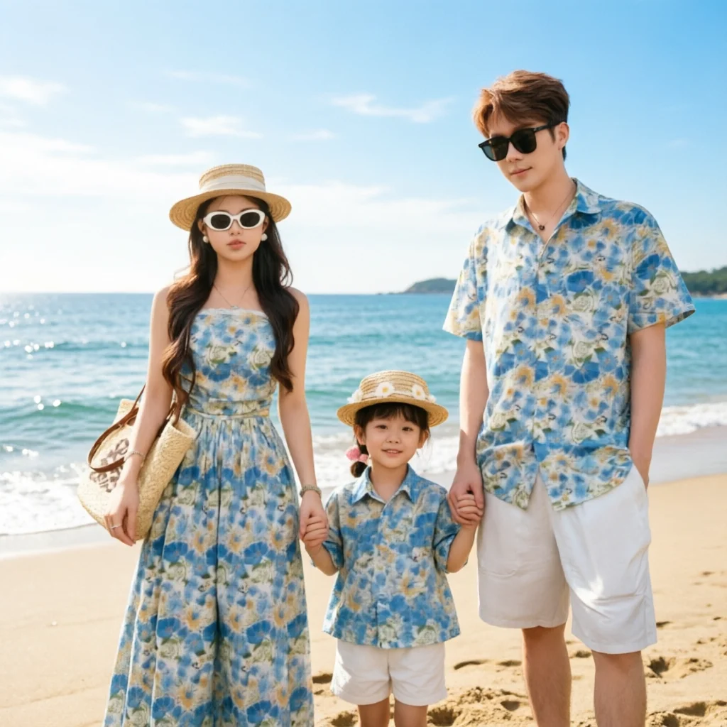 Conjuntos a juego para la familia para vacaciones en la playa, vestido floral tipo camisola para mamá e hija, conjunto de camisa para padre e hijo, ropa de vacaciones de estilo coreano para parejas