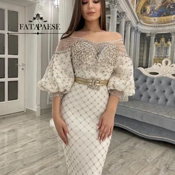 FATAPAESE Customized Luxury Dubai Arabic Off-Shoulder Gold Beads Stons Sheath Evening Dress Fluffy Sleeves Wedding Party Gown