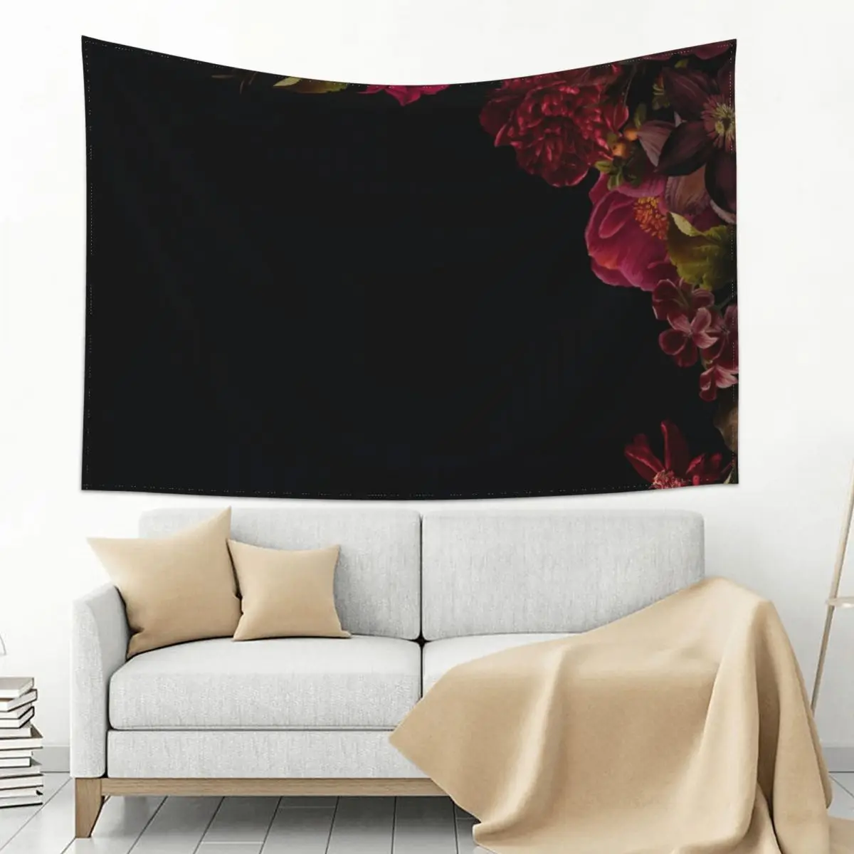

Antique dark red roses and other flowers on black Tapestry Wall Deco Cute Room Things Tapestry