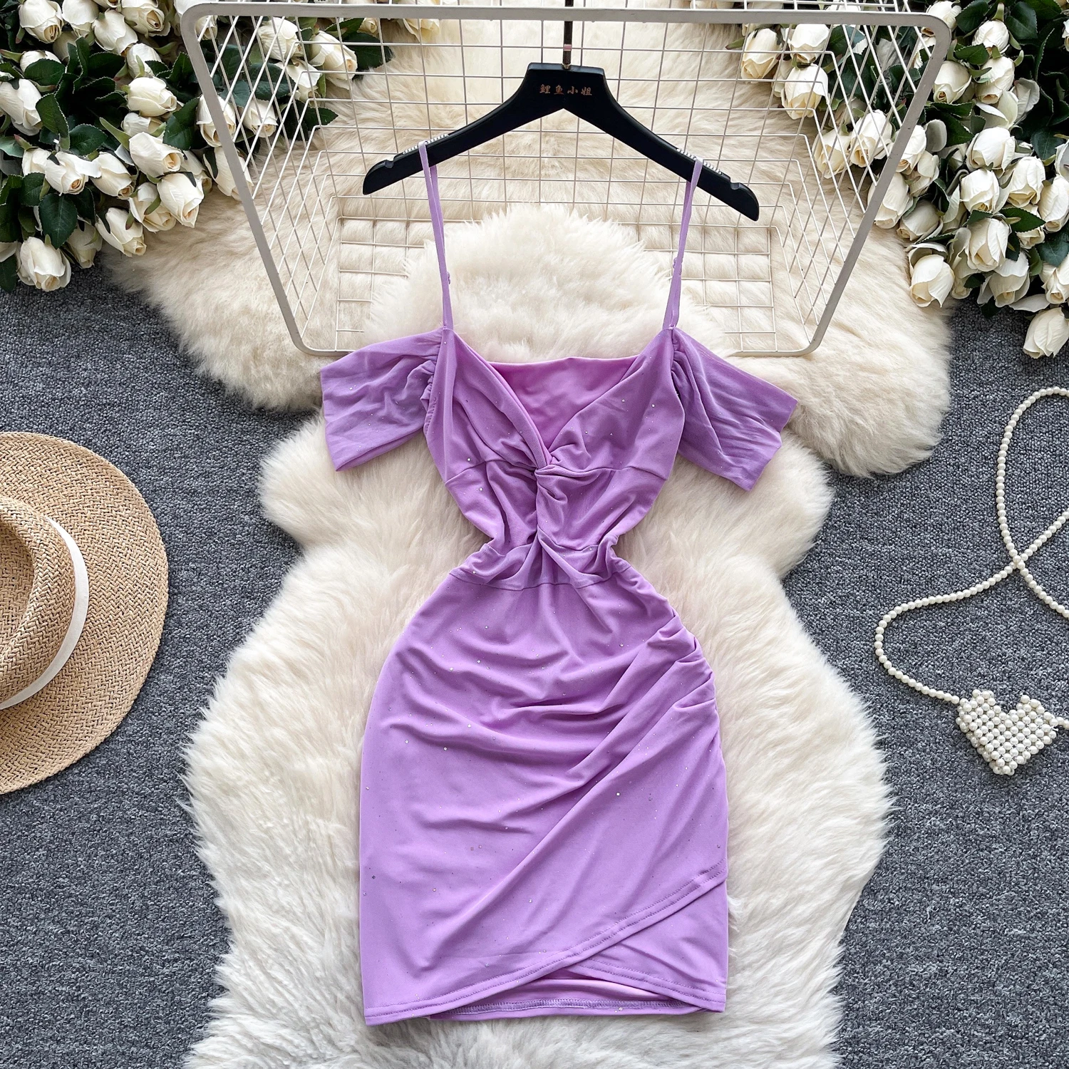 Sexy pleated  off shoulder V-neck Retro pencil dress Chic Casual Beach Vacation Slip Dress Women Summer Vestidos