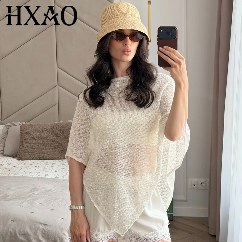 HXAO Women's White Asymmetric Cape Summer 2026 Elegant Sheer Loose Batwing Sleeve Poncho Hollow Out Cape Coat Vacation Cloak Top