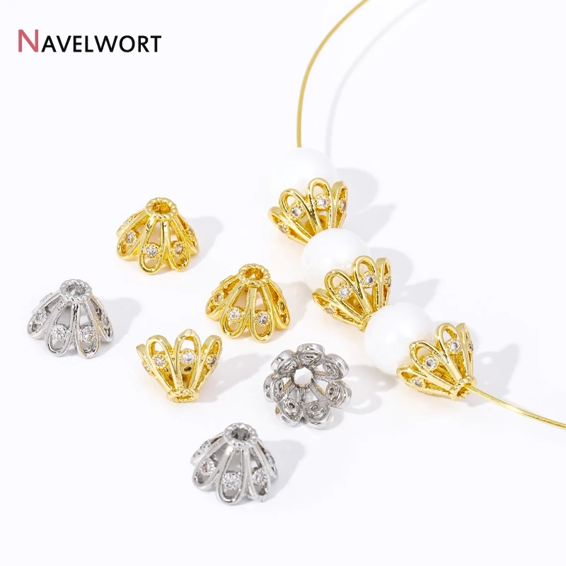 18K Vergoldete Messing-Blumenperlenkappen mit Zirkon-Einlage, Hohle Perlenkappen, für Armband DIY Schmuckherstellung Zubehör Großhandel