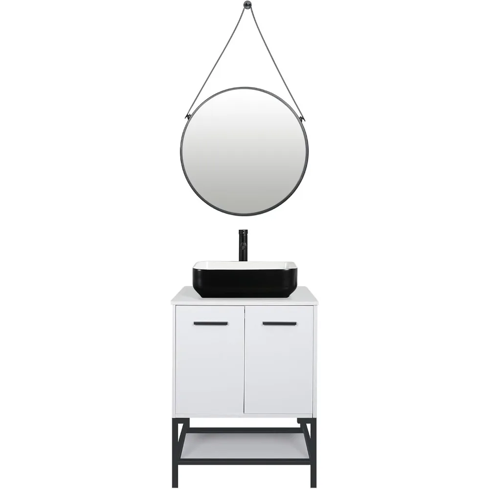 Modern White Bathroom Vanity and Sink Combo Stylish Design with Mirror and Rectangular Ceramic Vessel Sink Faucet & Pop Up