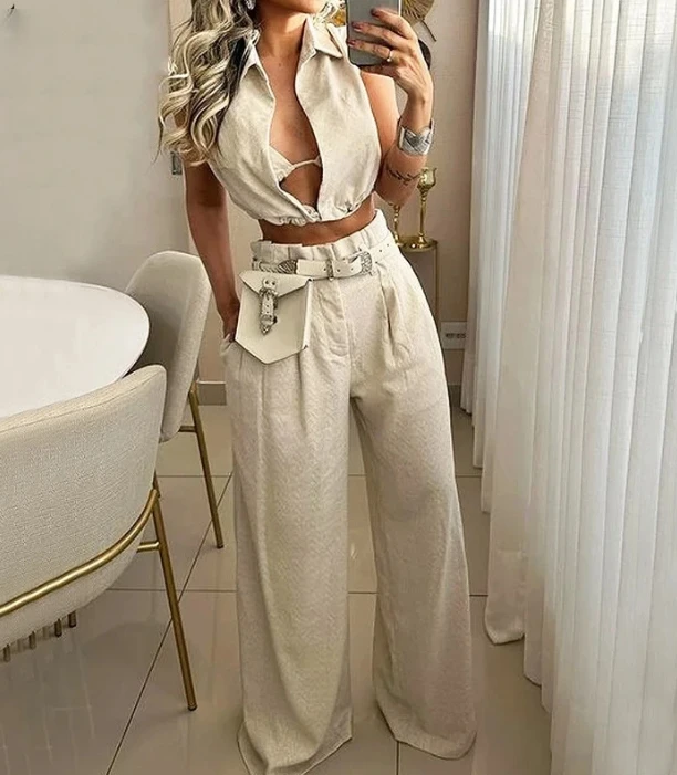 

Women Two Piece Pants Set 2025 Solid Lapel V Neck Sleeveless Crop Top + Casual High Waist Pocket Wide Leg Pants Set Streetwear