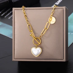 Fashion Pearl Heart Pendant Necklaces For Women Stainless Steel Gold Color Chain Thick OT Buckle Necklace Wedding Jewelry Gift